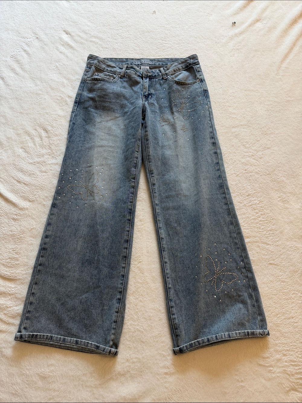 Embellished Wide-Leg Blue Jeans with Rhinestone Butterfly Accents